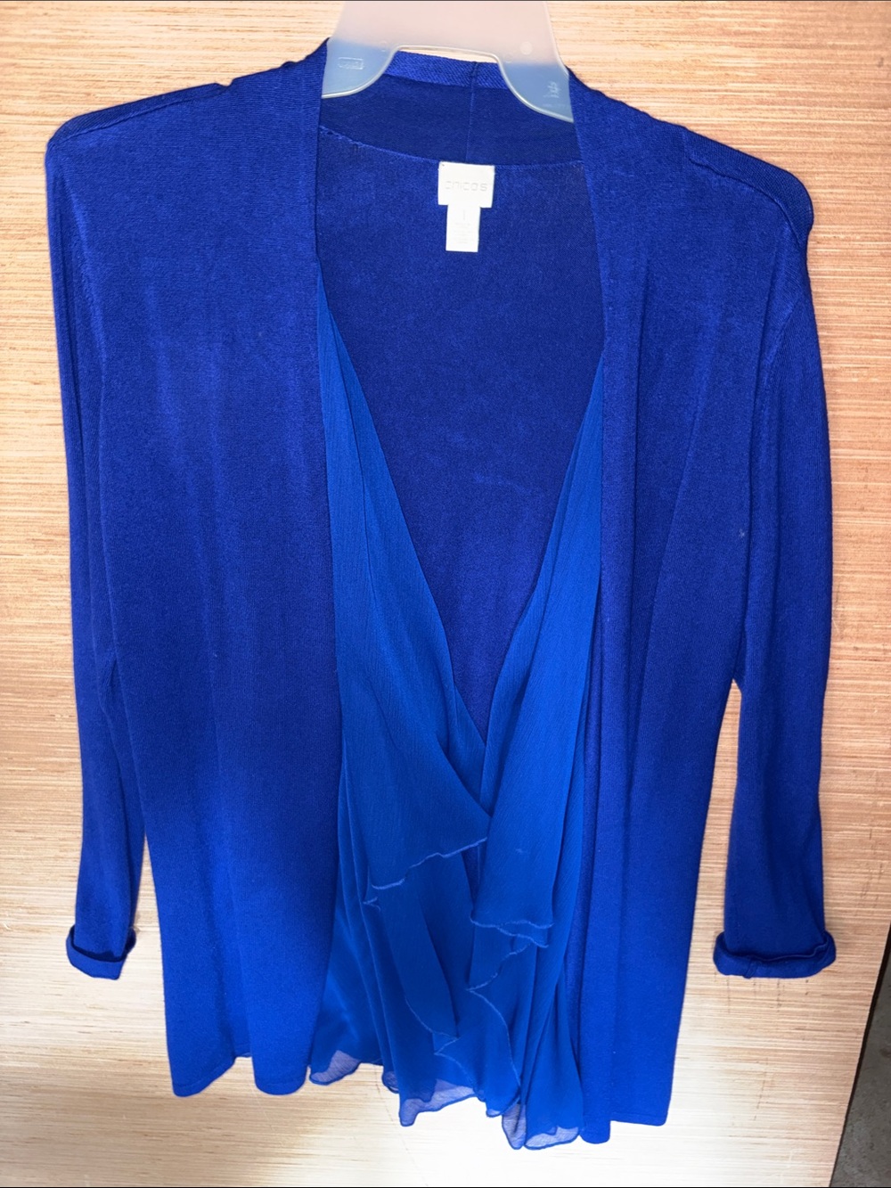 Chico's Royal Blue Open-Front Duster Cardigan with Ruffle Front